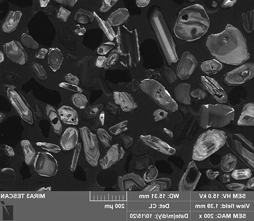 CAMP CL photograph of detrital zircon from a Tertiary sandstone collected in southwest Montana by Jesse Mosolf. CL Imaging by Kristina Okonski. Permission to use courtesy of Montana Bureau of Mines & Geology.